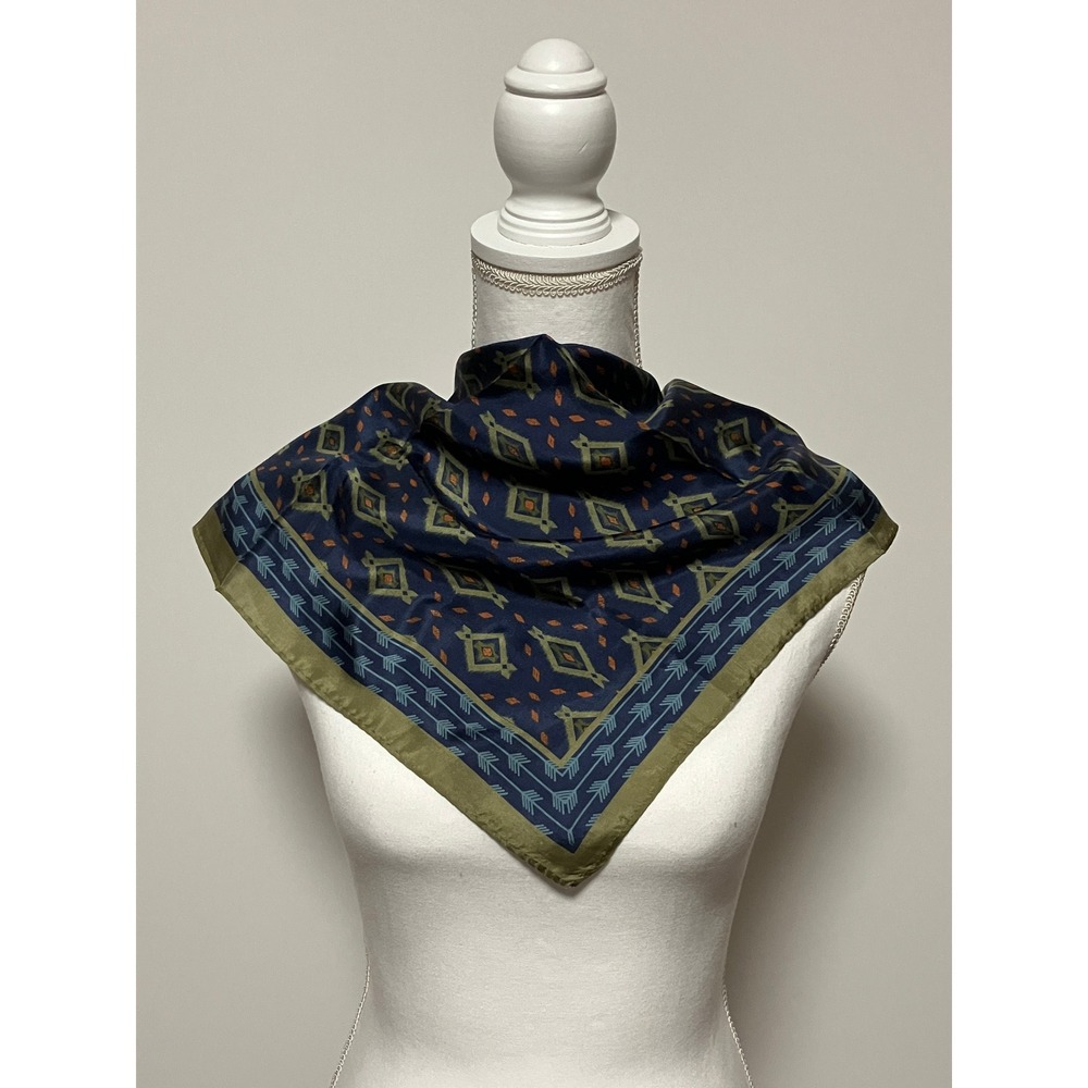 Orvis Womens Square Silk Scarf OS Navy Blue Olive Green Geometric Arrow Print